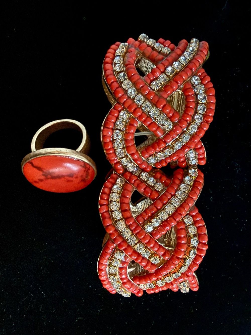 SET Coral Red Cuff Rhinestone Stretch Bracelet and Domed Resin Statement Fall